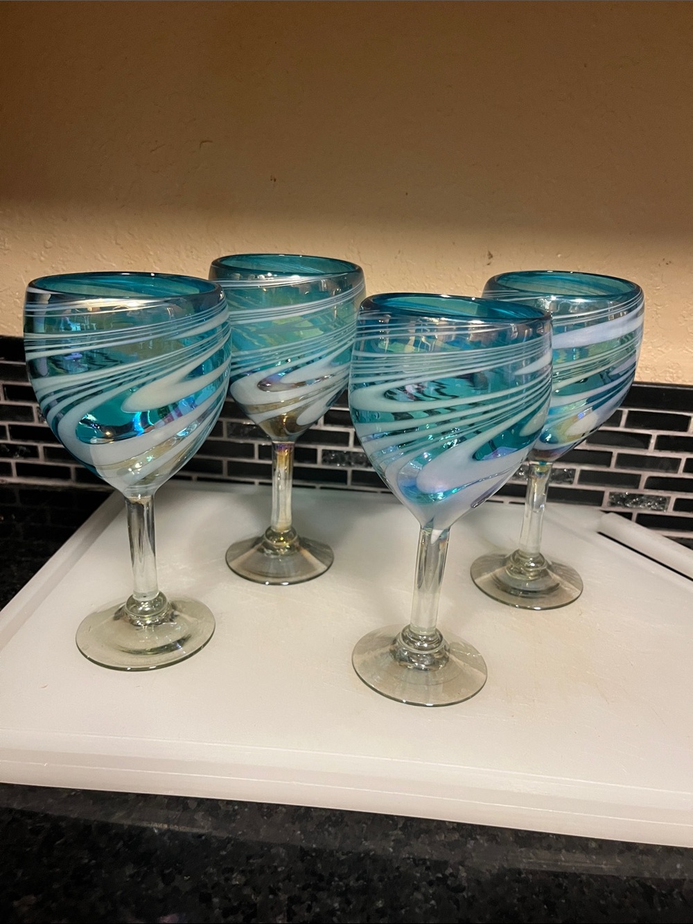 Handblown Teal Swirl Turquoise and White Wine Glasses - Set of 4